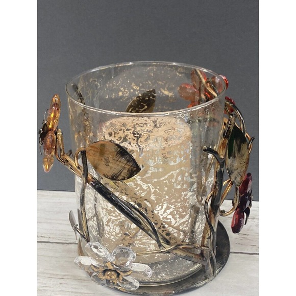 Vintage Gilded Metal Crystal Flowers Floral Design 3 Pc Pillar Candle Holder - Picture 10 of 11